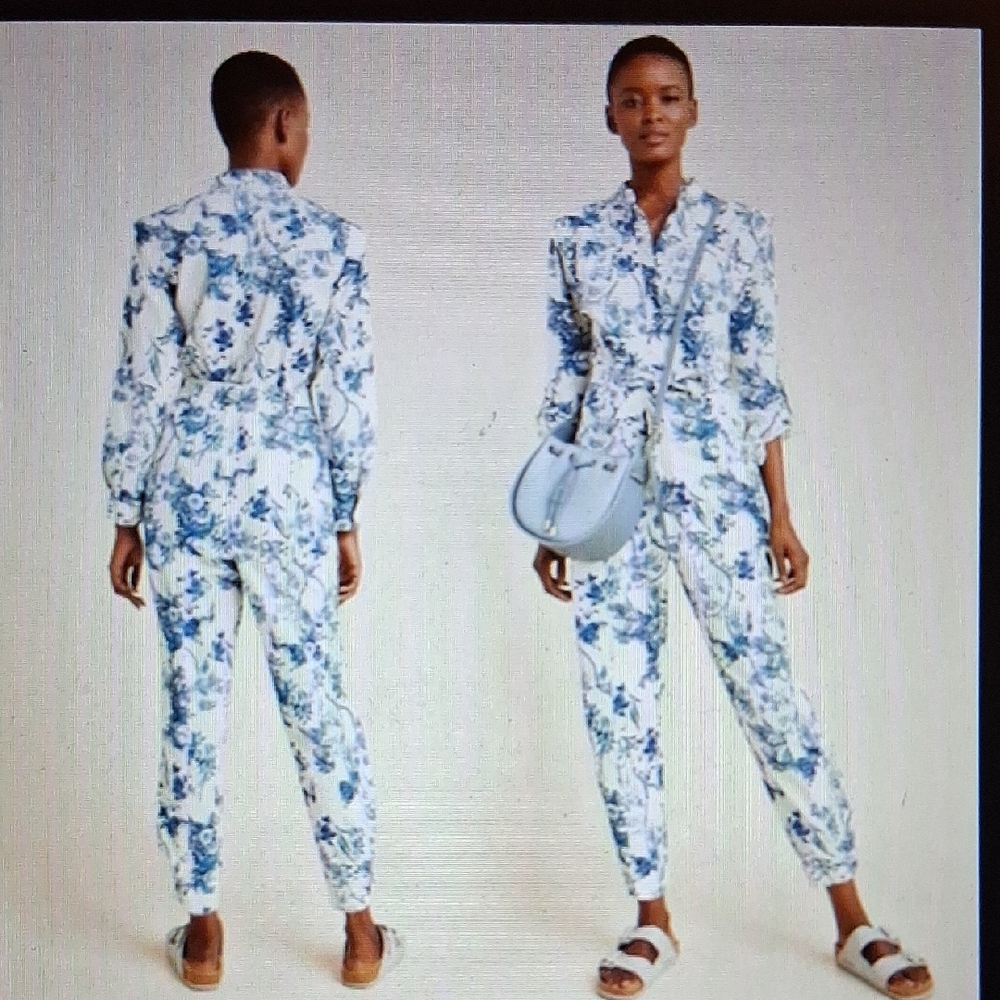 Anthropologie White & Blue Floral Jumpsuit